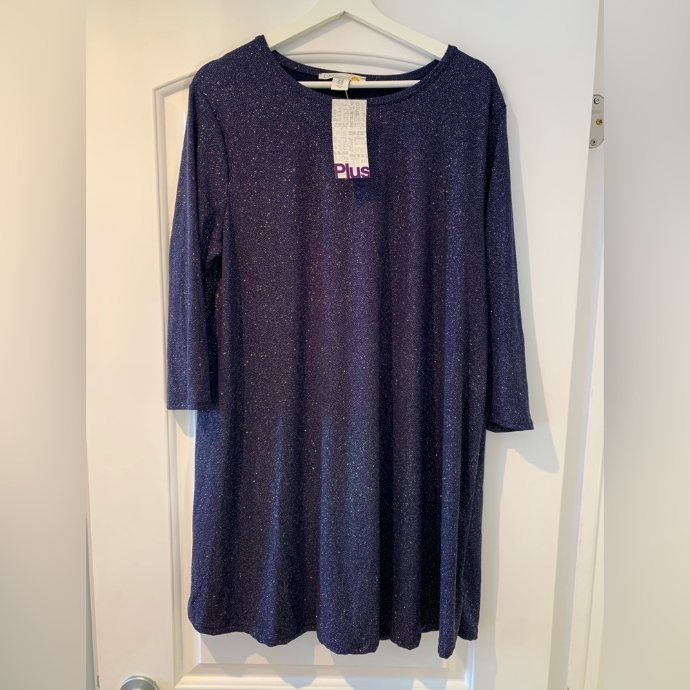 NWT C&C California Dress Blue Shimmer Shiny Plus Sz 1X 3/4 Sleeve Loose Fitting